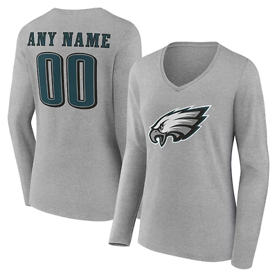 T-shirt à manches longues et col en V gris authentique pour femme, aux couleurs des Eagles de Philadelphie, avec nom numéro personnalisés.