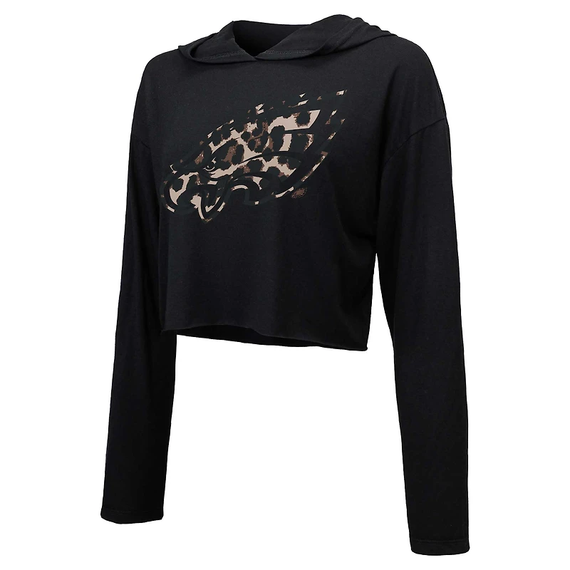 Majestic Threads Jalen Hurts pour femmes, noir, Philadelphia Eagles, léopard, nom et numéro du joueur, sweat à capuche court manches longues