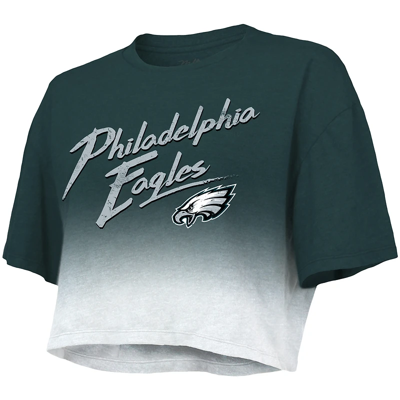 Haut court Majestic Threads vert/blanc avec nom et numéro de joueur des Philadelphia Eagles Dip-Dye pour femme Jalen Hurts