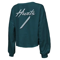 Women's Majestic Threads Jalen Hurts Green Philadelphia Eagles Name & Number Off-Shoulder Script Cropped Long Sleeve V-Neck T-Shirt