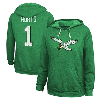 Women's Majestic Threads Jalen Hurts  Kelly Green Philadelphia Eagles Name & Number Tri-Blend Pullover Hoodie