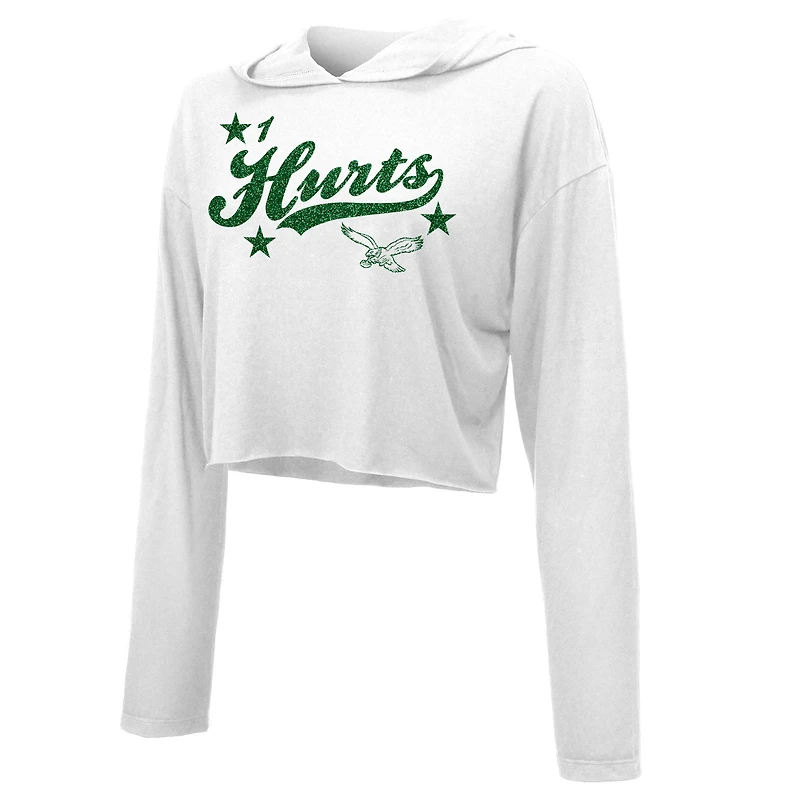 Women's Majestic Threads Jalen Hurts White Philadelphia Eagles Glitter Wordmark Hoodie
