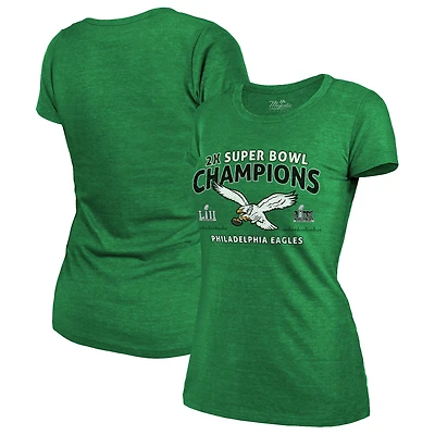 T-shirt rétro Sky High Tri-Blend pour femme Majestic Threads Kelly Green Philadelphia Eagles, deux fois championnes du Super Bowl
