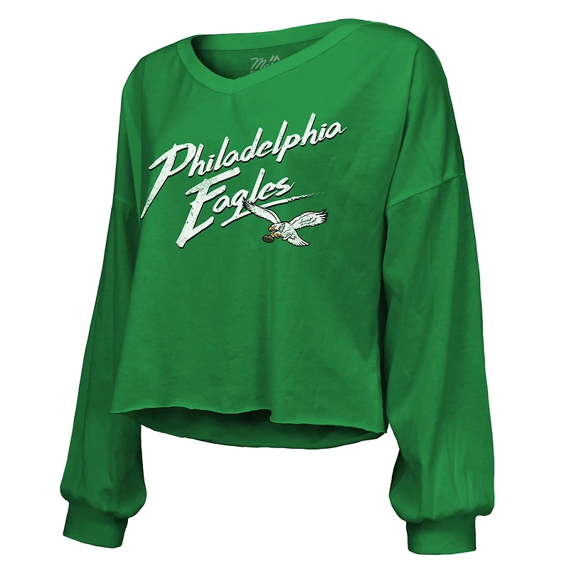 T-shirt court à manches longues et col en V pour femme Majestic Threads Saquon Barkley Kelly Green Philadelphia Eagles avec nom numéro