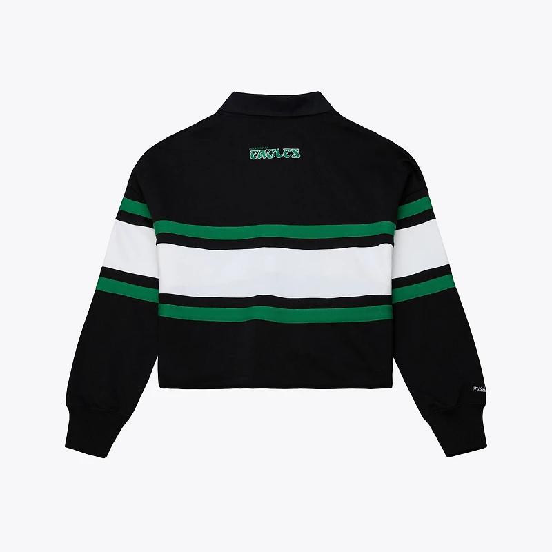 Women's Mitchell & Ness Black Philadelphia Eagles Throwback Cropped Long Sleeve Rugby Polo