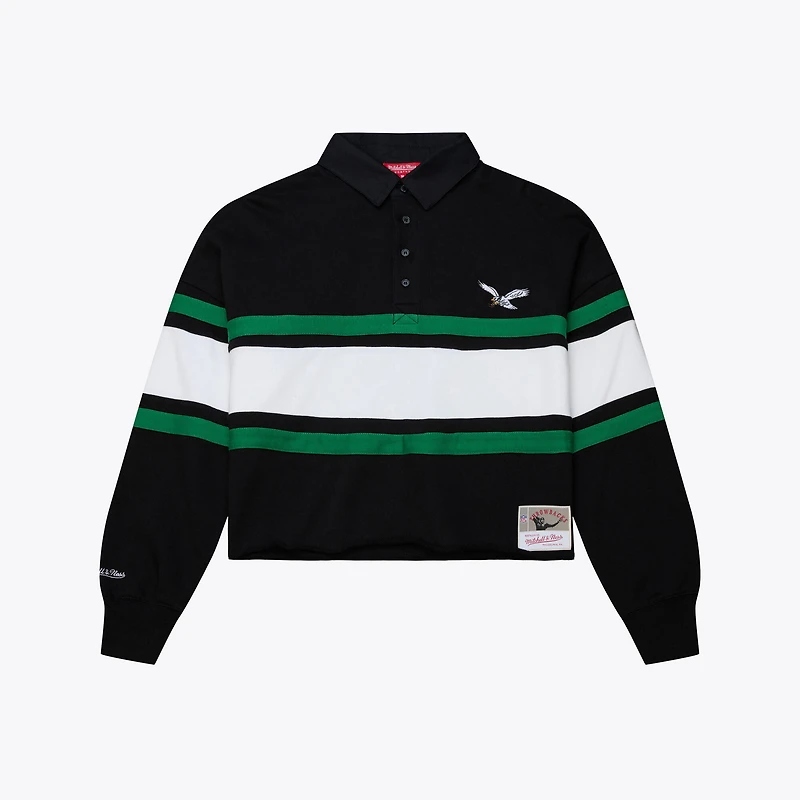 Women's Mitchell & Ness Black Philadelphia Eagles Throwback Cropped Long Sleeve Rugby Polo