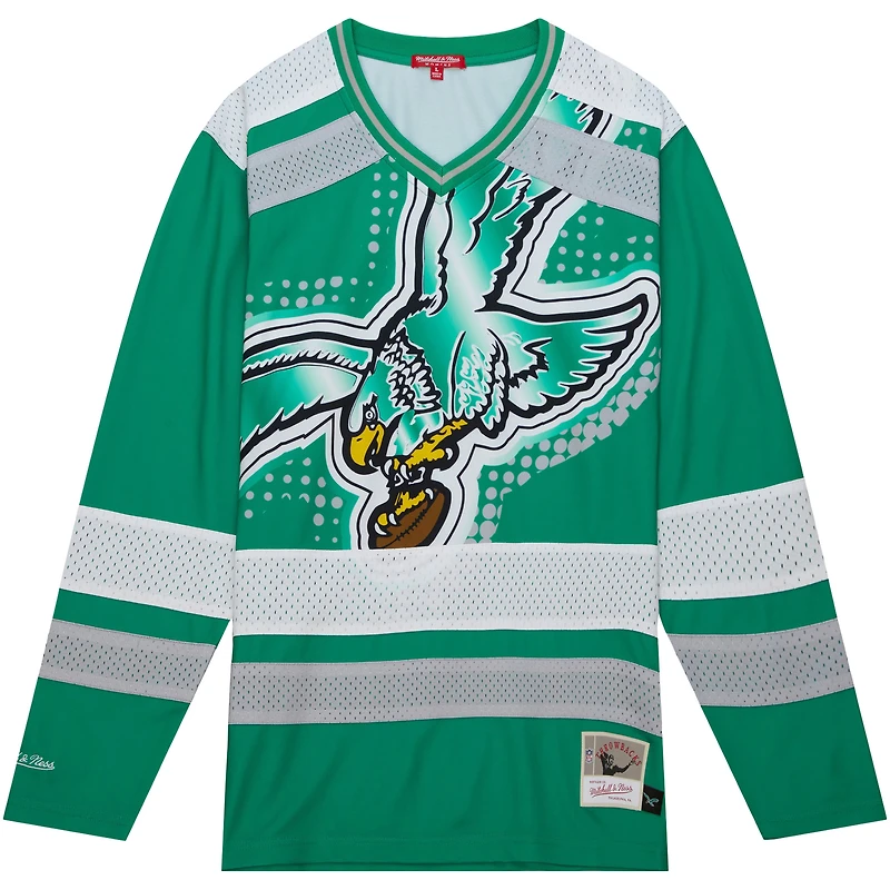 Women's Mitchell & Ness Green Philadelphia Eagles Big Face 7.0 Long Sleeve Jersey T-Shirt