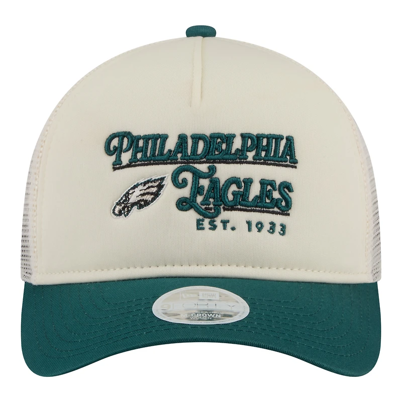 Women's New Era  Cream/Green Philadelphia Eagles Retro A-Frame 9FORTY Adjustable Hat