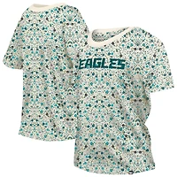 T-shirt à col rond floral New Era crème Philadelphia Eagles Glam Game pour femme