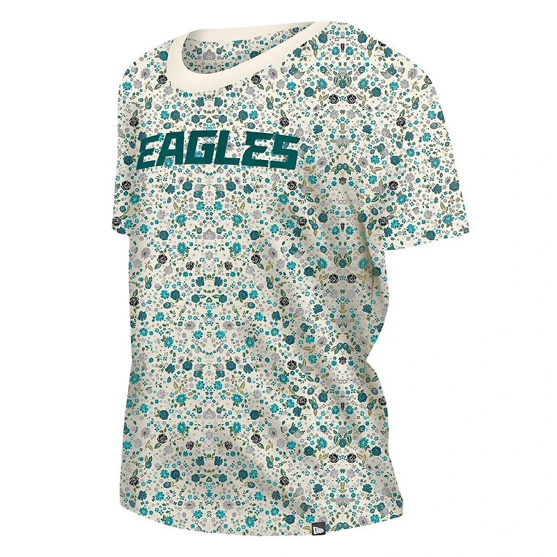 T-shirt à col rond floral New Era crème Philadelphia Eagles Glam Game pour femme