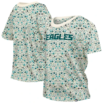 T-shirt à col rond floral New Era crème Philadelphia Eagles Glam Game pour femme