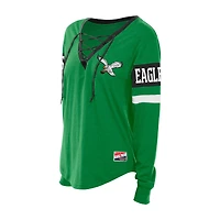 Women's New Era  Kelly Green Philadelphia Eagles Throwback Lace-Up Long-Sleeve T-Shirt