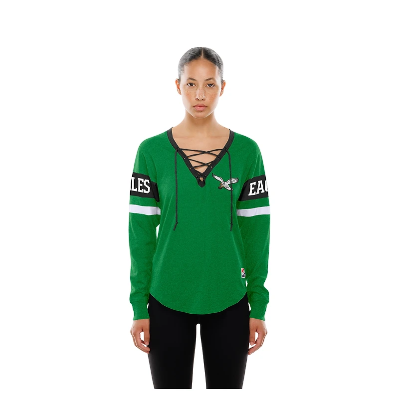 T-shirt à manches longues lacets rétro New Era vert Kelly pour femme des Philadelphia Eagles