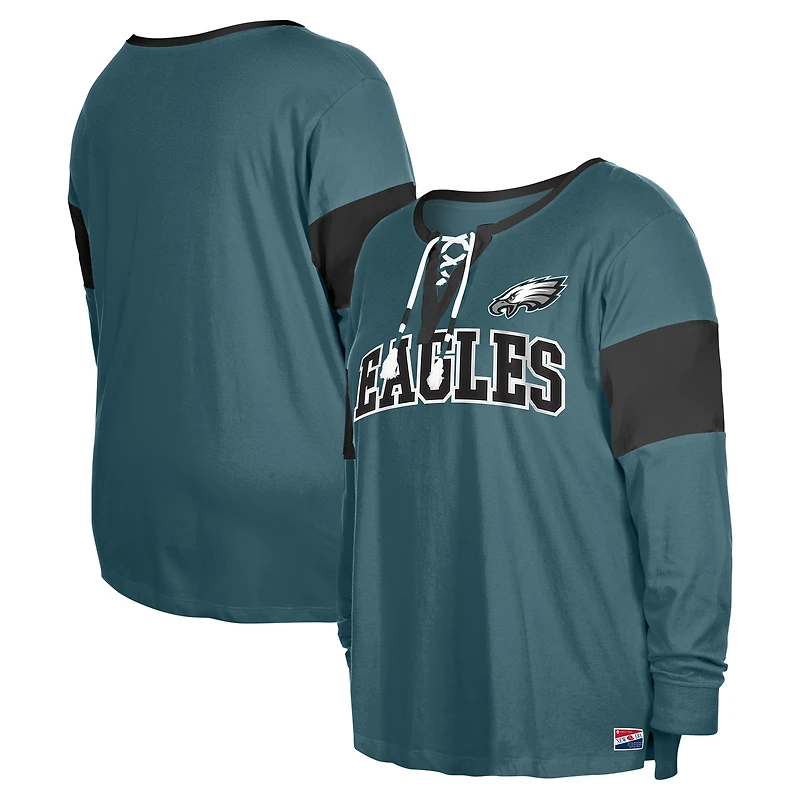 T-shirt à manches longues lacets et col cranté New Era pour femme, vert nuit, Philadelphia Eagles, grande taille