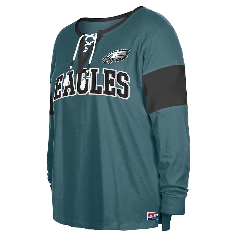 T-shirt à manches longues lacets et col cranté New Era pour femme, vert nuit, Philadelphia Eagles, grande taille