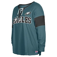 T-shirt à manches longues lacets et col cranté New Era pour femme, vert nuit, Philadelphia Eagles, grande taille