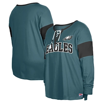 T-shirt à manches longues lacets et col cranté New Era pour femme, vert nuit, Philadelphia Eagles, grande taille