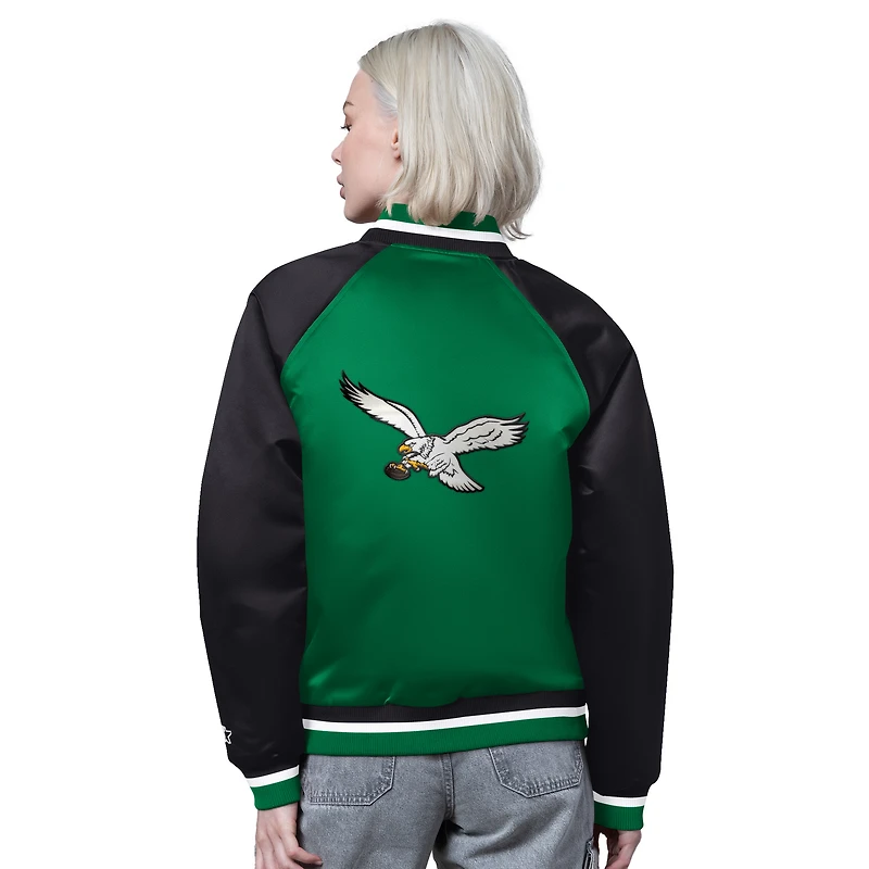 Women's Starter Kelly Green/Black Philadelphia Eagles Satin Full-Snap Vintage Varsity Jacket