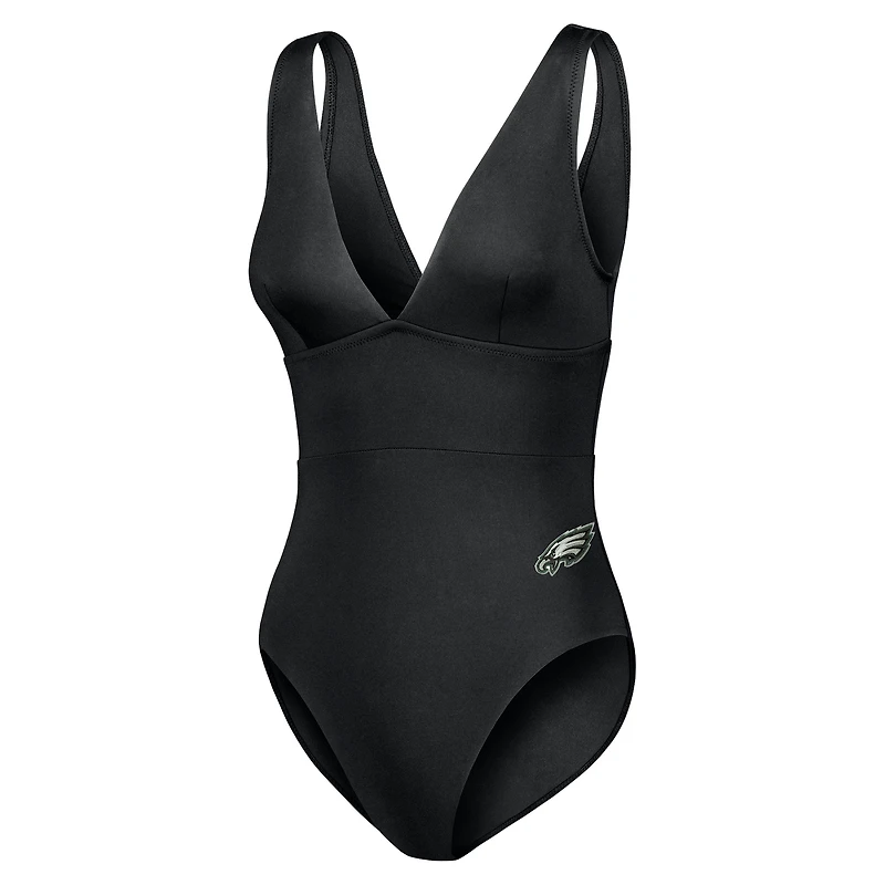 Women's Tommy Bahama Black Philadelphia Eagles Palm Modern V-Neck One-Piece Swimsuit