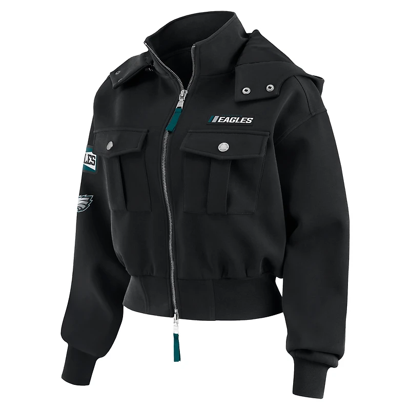 Women's WEAR by Erin Andrews  Black Philadelphia Eagles Patch Pocket Cropped Full-Zip Bomber Jacket