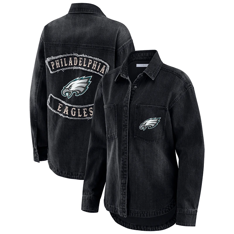 Women's WEAR by Erin Andrews Black Philadelphia Eagles Washed Oversized Denim Full-Snap Shacket