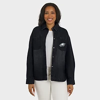 Women's WEAR by Erin Andrews Black Philadelphia Eagles Washed Oversized Denim Full-Snap Shacket