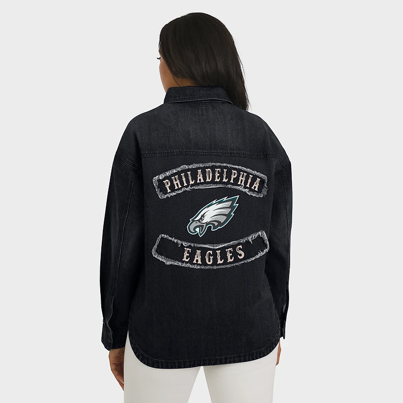 Women's WEAR by Erin Andrews Black Philadelphia Eagles Washed Oversized Denim Full-Snap Shacket