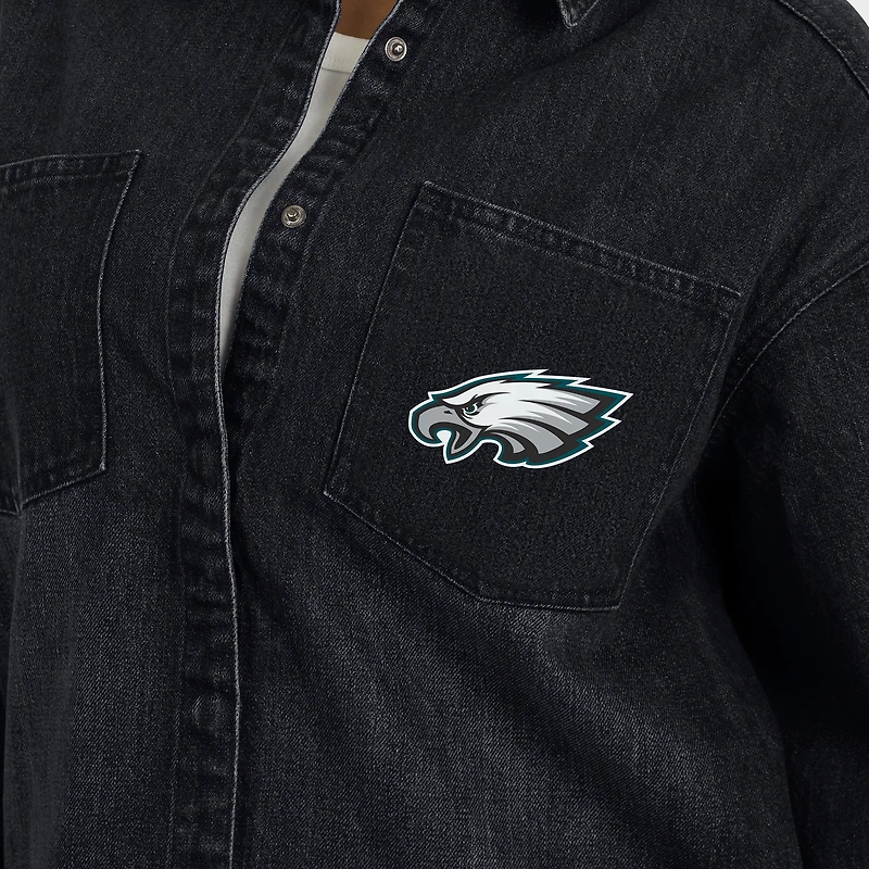 Women's WEAR by Erin Andrews Black Philadelphia Eagles Washed Oversized Denim Full-Snap Shacket