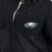 Women's WEAR by Erin Andrews Black Philadelphia Eagles Washed Oversized Denim Full-Snap Shacket