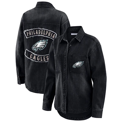 Women's WEAR by Erin Andrews Black Philadelphia Eagles Washed Oversized Denim Full-Snap Shacket