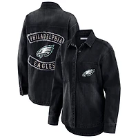 Women's WEAR by Erin Andrews Black Philadelphia Eagles Washed Oversized Denim Full-Snap Shacket