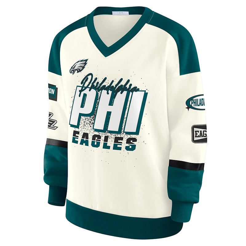 Sweat-shirt ras du cou crème à col en V pour femme WEAR by Erin Andrews, motif Philadelphia Eagles Racing