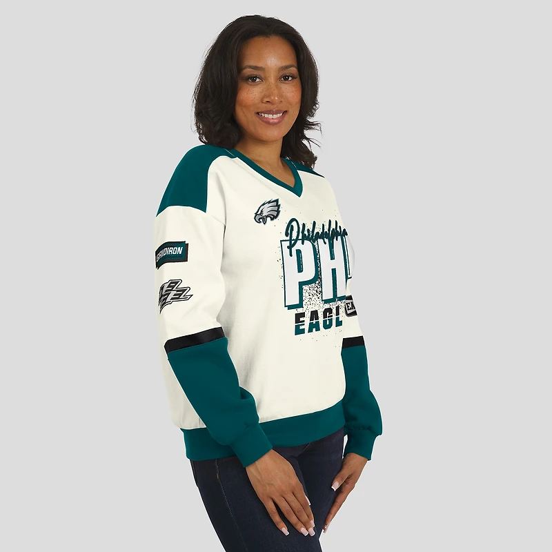 Sweat-shirt ras du cou crème à col en V pour femme WEAR by Erin Andrews, motif Philadelphia Eagles Racing