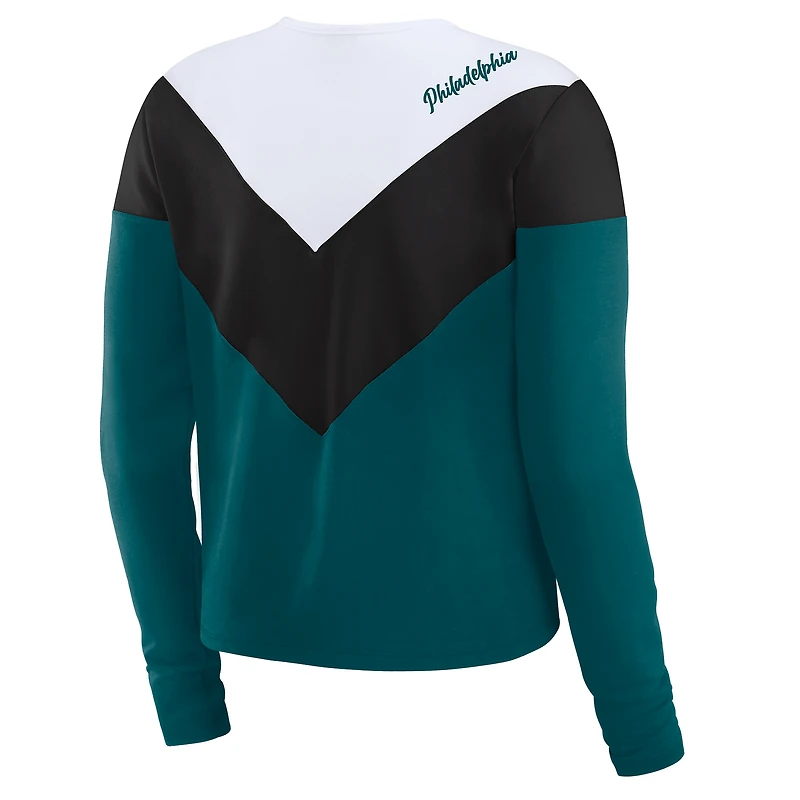 T-shirt à manches longues en mélange de trois chevrons vert nuit/noir pour femme WEAR by Erin Andrews, grande taille, des Philadelphia Eagles