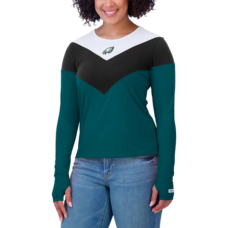 T-shirt à manches longues en mélange de trois chevrons vert nuit/noir pour femme WEAR by Erin Andrews, grande taille, des Philadelphia Eagles