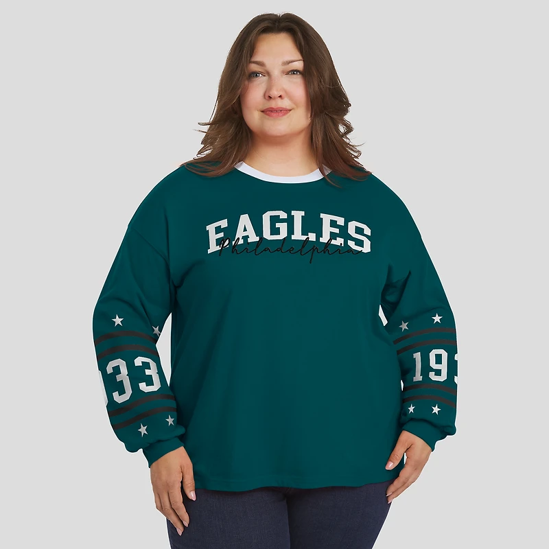 T-shirt sport à manches longues grande taille vert nuit des Philadelphia Eagles pour femme par Erin Andrews