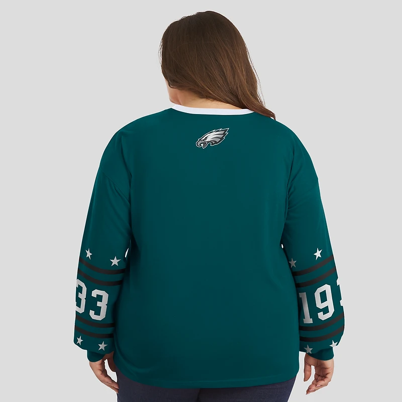 T-shirt sport à manches longues grande taille vert nuit des Philadelphia Eagles pour femme par Erin Andrews