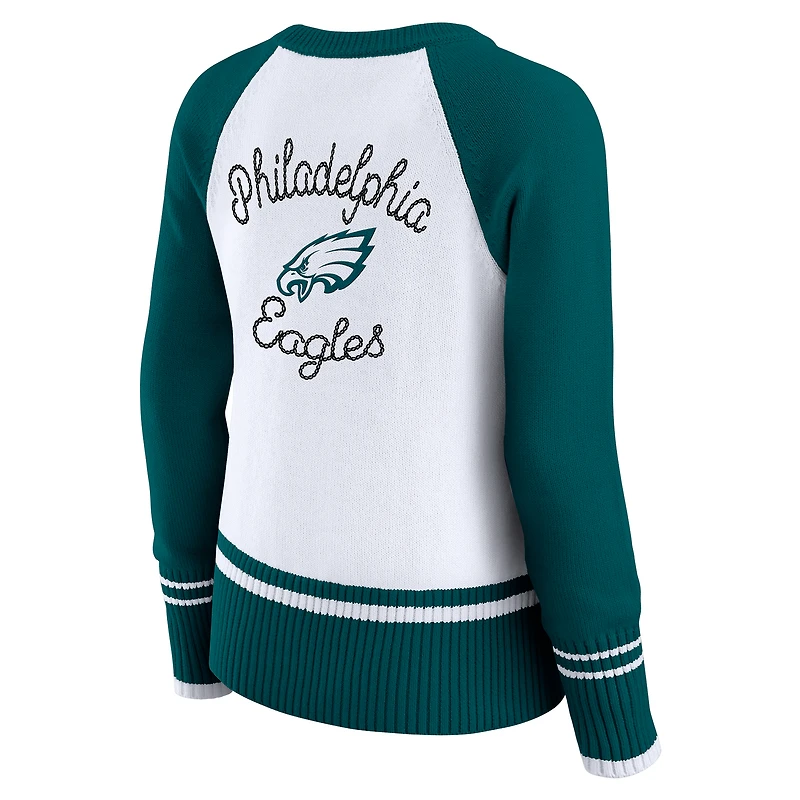 Women's WEAR by Erin Andrews White/Midnight Green Philadelphia Eagles Colorblock Raglan Sweater
