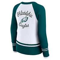 Women's WEAR by Erin Andrews White/Midnight Green Philadelphia Eagles Colorblock Raglan Sweater
