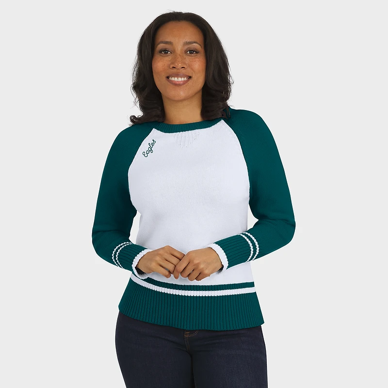 Women's WEAR by Erin Andrews White/Midnight Green Philadelphia Eagles Colorblock Raglan Sweater