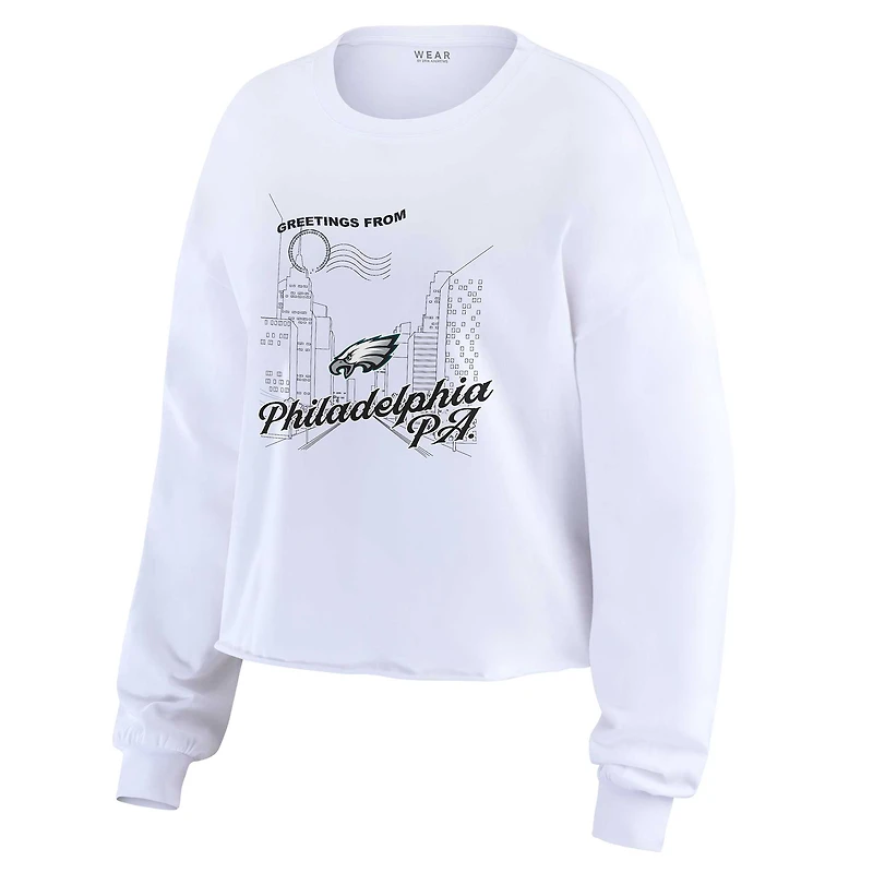 Haut court à manches longues blanc imprimé carte postale des Philadelphia Eagles pour femme par Erin Andrews