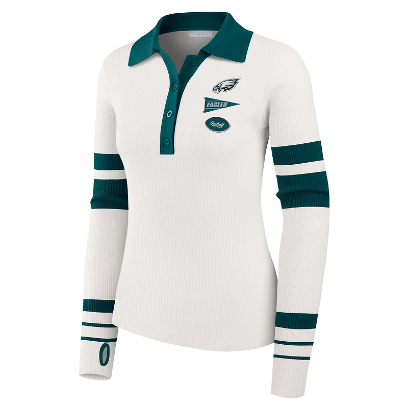 Women's WEAR by Erin Andrews White Philadelphia Eagles Ribbed Henley Polo Sweater