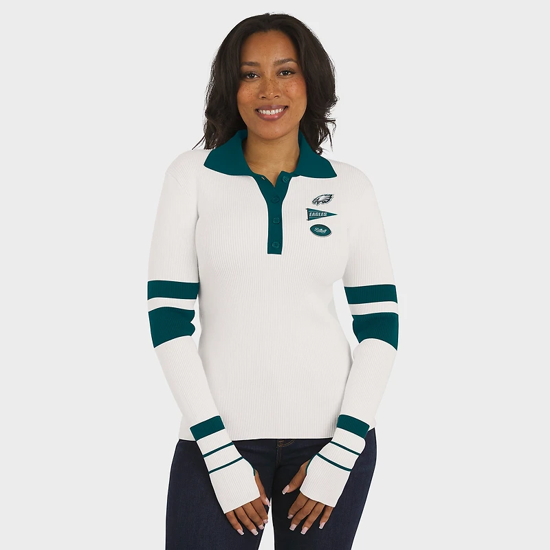 Women's WEAR by Erin Andrews White Philadelphia Eagles Ribbed Henley Polo Sweater