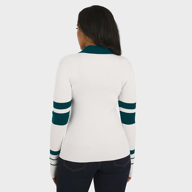 Women's WEAR by Erin Andrews White Philadelphia Eagles Ribbed Henley Polo Sweater
