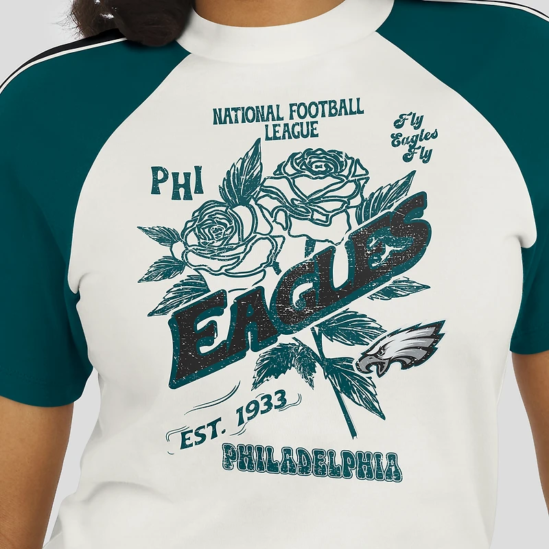 T-shirt raglan blanc à rayures et manches vieillies pour femme WEAR by Erin Andrews des Philadelphia Eagles