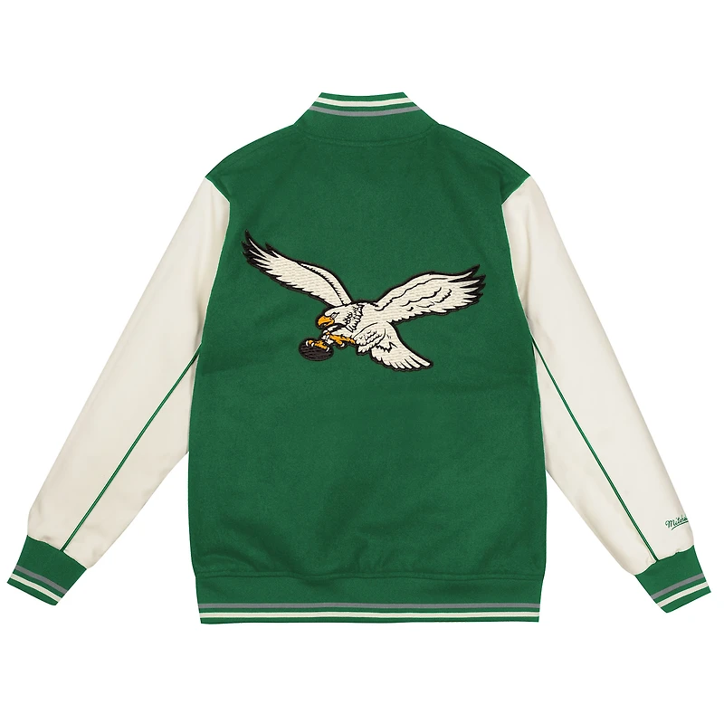 Youth Mitchell & Ness Kelly Green/Cream Philadelphia Eagles Full-Snap Varsity Jacket