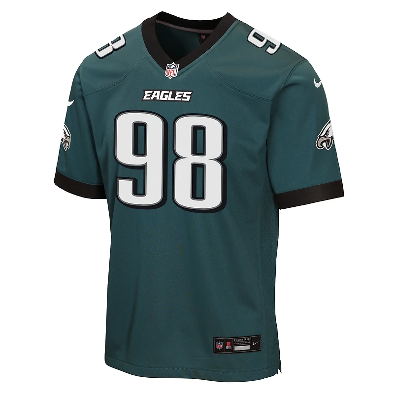 Maillot de match Nike Jalen Carter vert nuit pour enfant, Philadelphia Eagles, l'équipe des Eagles Philadelphie.