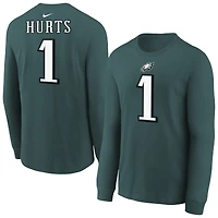T-shirt à manches longues Nike Jalen Hurts pour jeunes, vert nuit, avec nom et numéro du joueur des Philadelphia Eagles