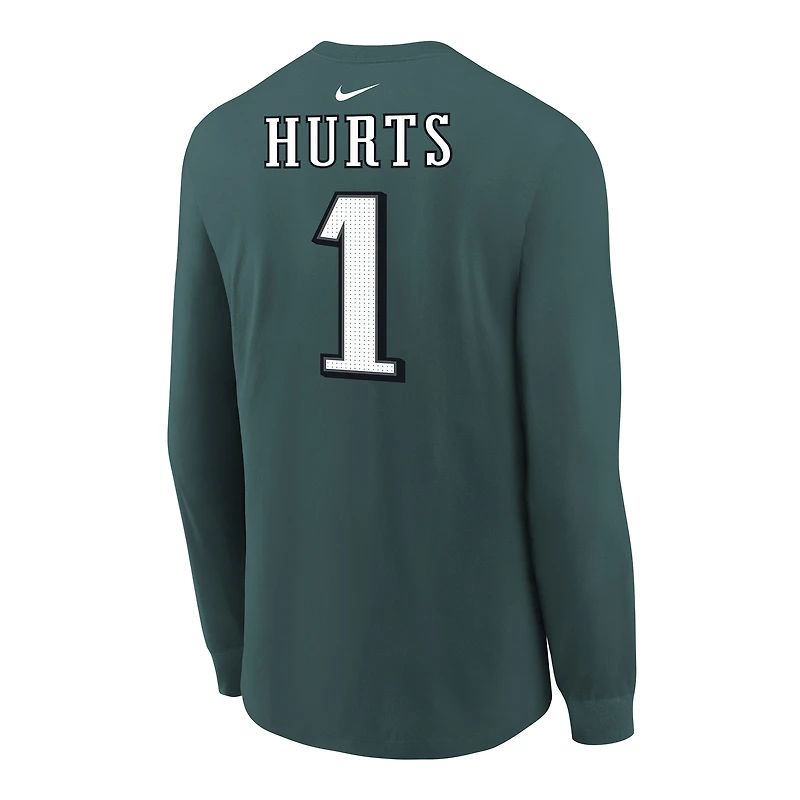 T-shirt à manches longues Nike Jalen Hurts pour jeunes, vert nuit, avec nom et numéro du joueur des Philadelphia Eagles