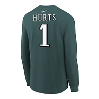T-shirt à manches longues Nike Jalen Hurts pour jeunes, vert nuit, avec nom et numéro du joueur des Philadelphia Eagles
